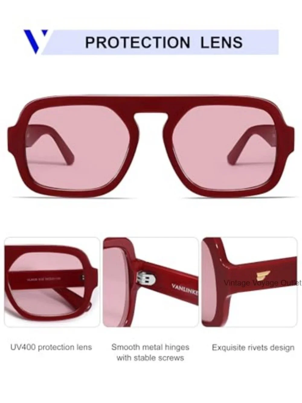 Retro Square Aviator Sunglasses, Oversized Acetate Frame, UV400 Protection